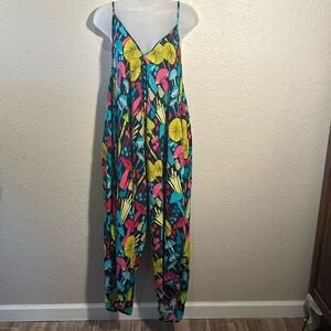 Katmandu Imports OS vibrant mushroom romper teal yellow navy yellow wide leg tie